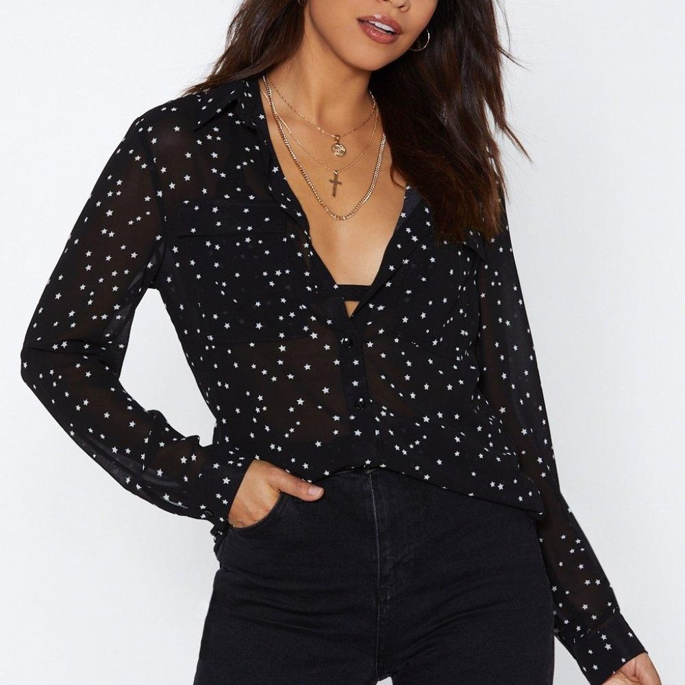 Nasty Gal - Come Over Sheer Star Shirt Button Down